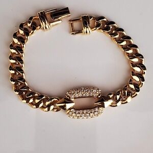 VTG Swarovski SAL Gold Plate Chain Bracelet Pave Crystal Link Dressy Signed 80's